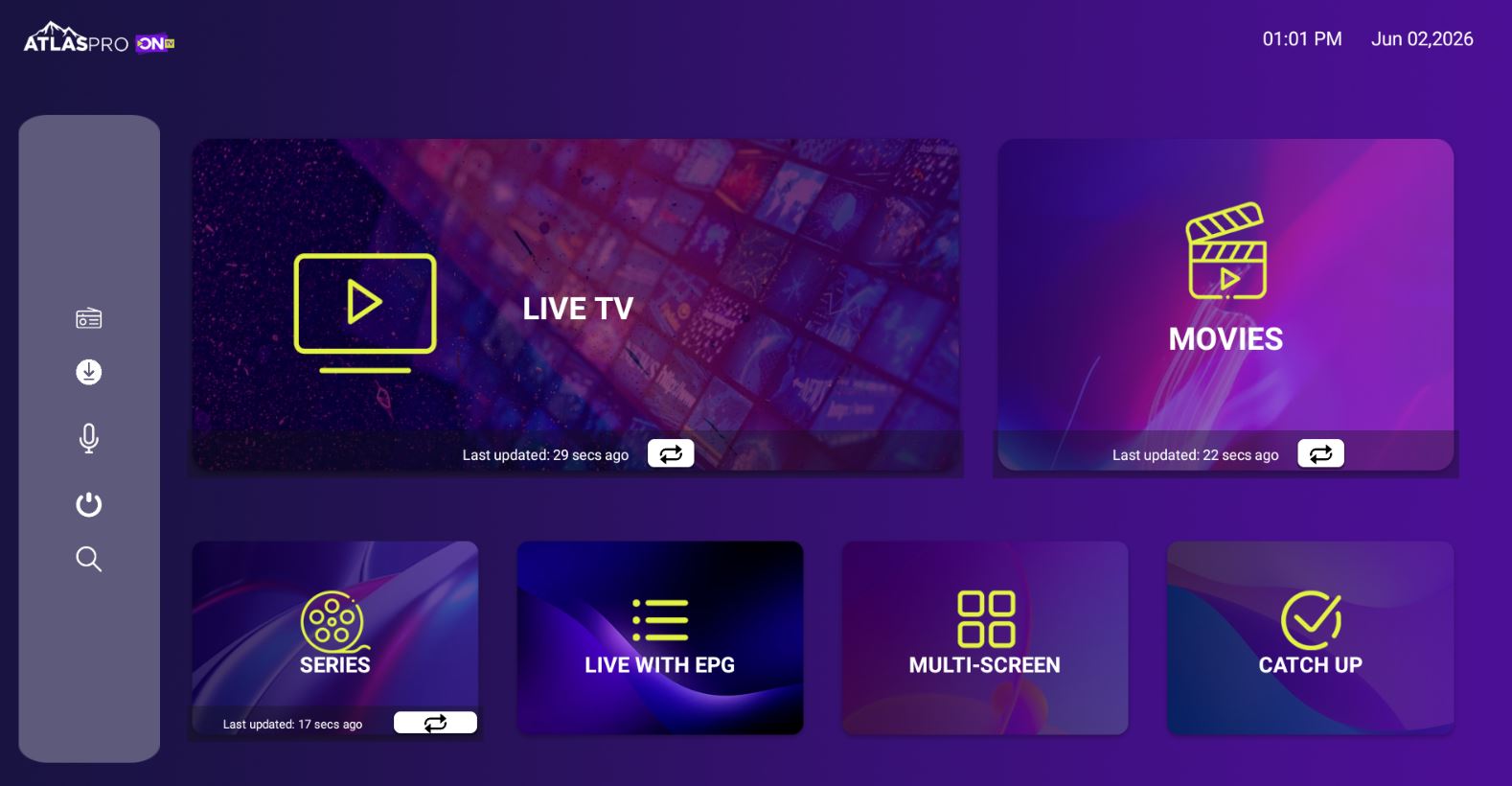Tableau de bord Atlas Pro TV affichant les chaînes en direct, films et séries en 4K